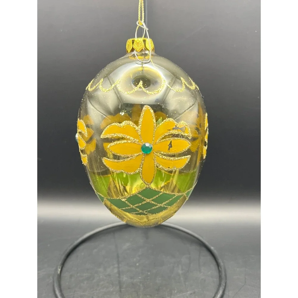Vtg Hand Blown Egg-Shaped‎ Christmas Ornament Yellow Flowers Glitter Decoration